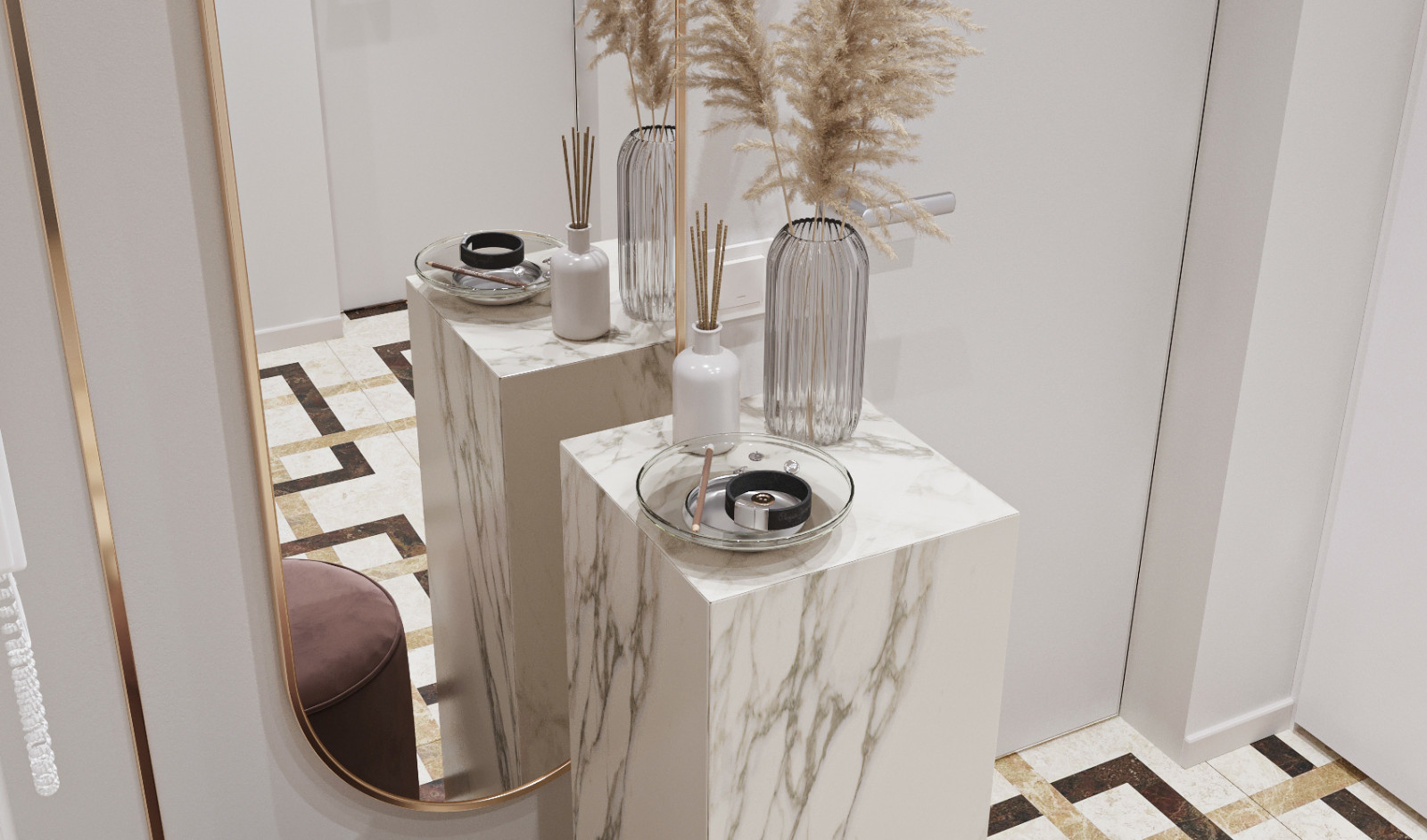 Частный дом 192м2овальное зеркало тумба в прихожую