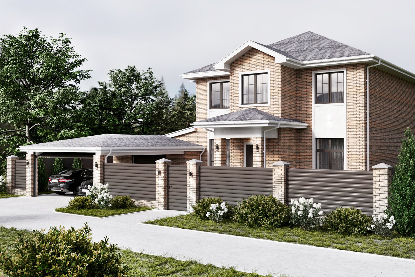 Реновация коттеджа (фасады, пристрой гаража и сауны с верандой, наружный свет)