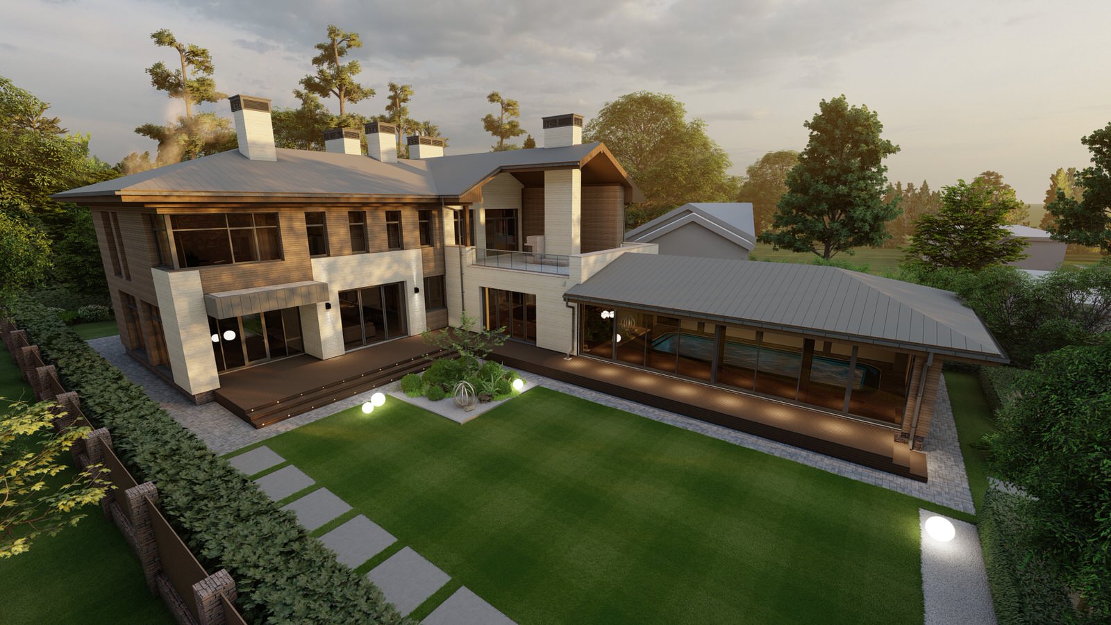 Дом с бассейном и верандой с камином