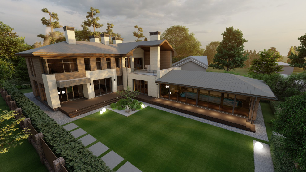 Дом с бассейном и верандой с камином