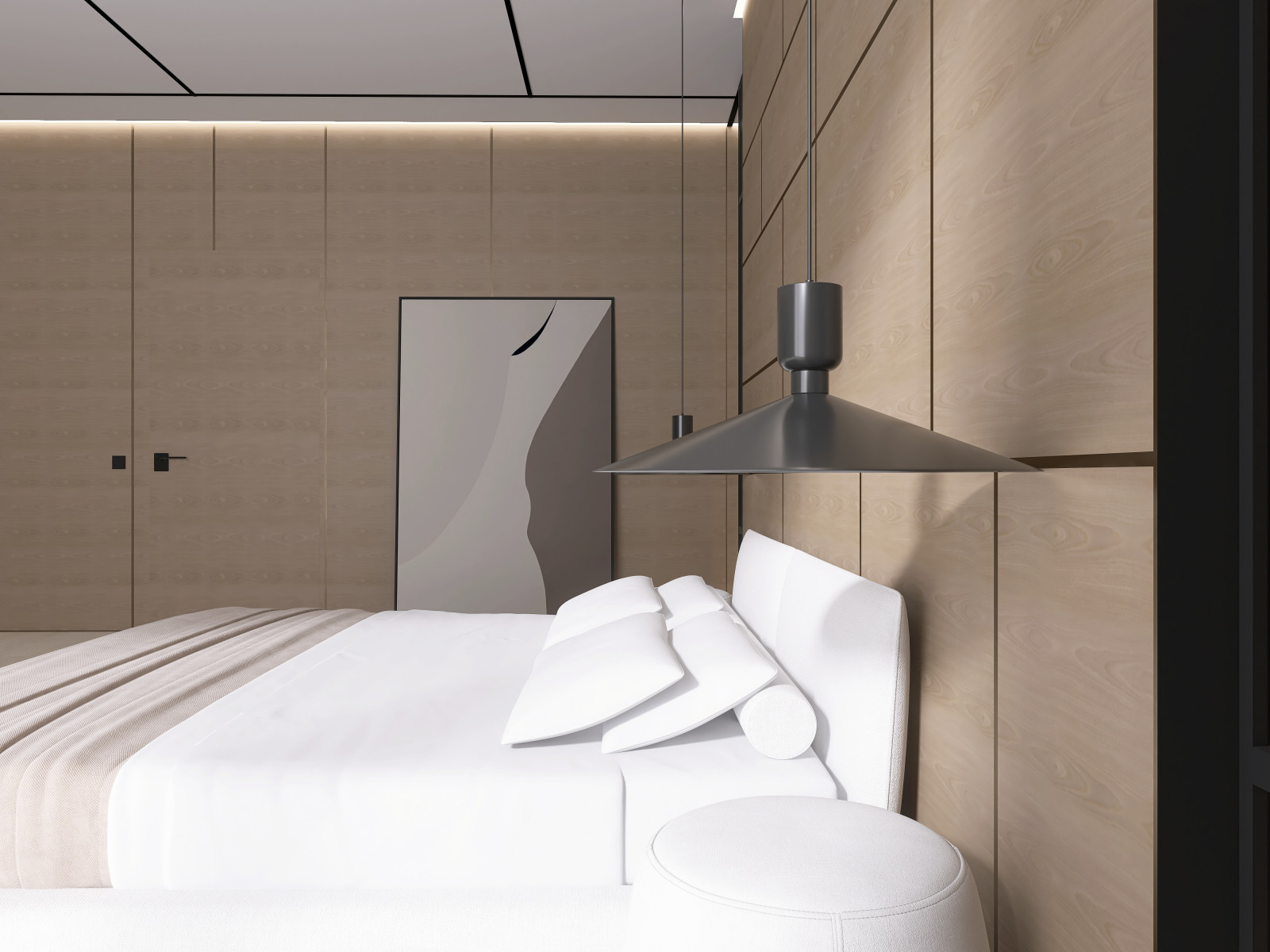 Мастер-блок с собственным гардеробом, необычным полками для книг и ковром на всю