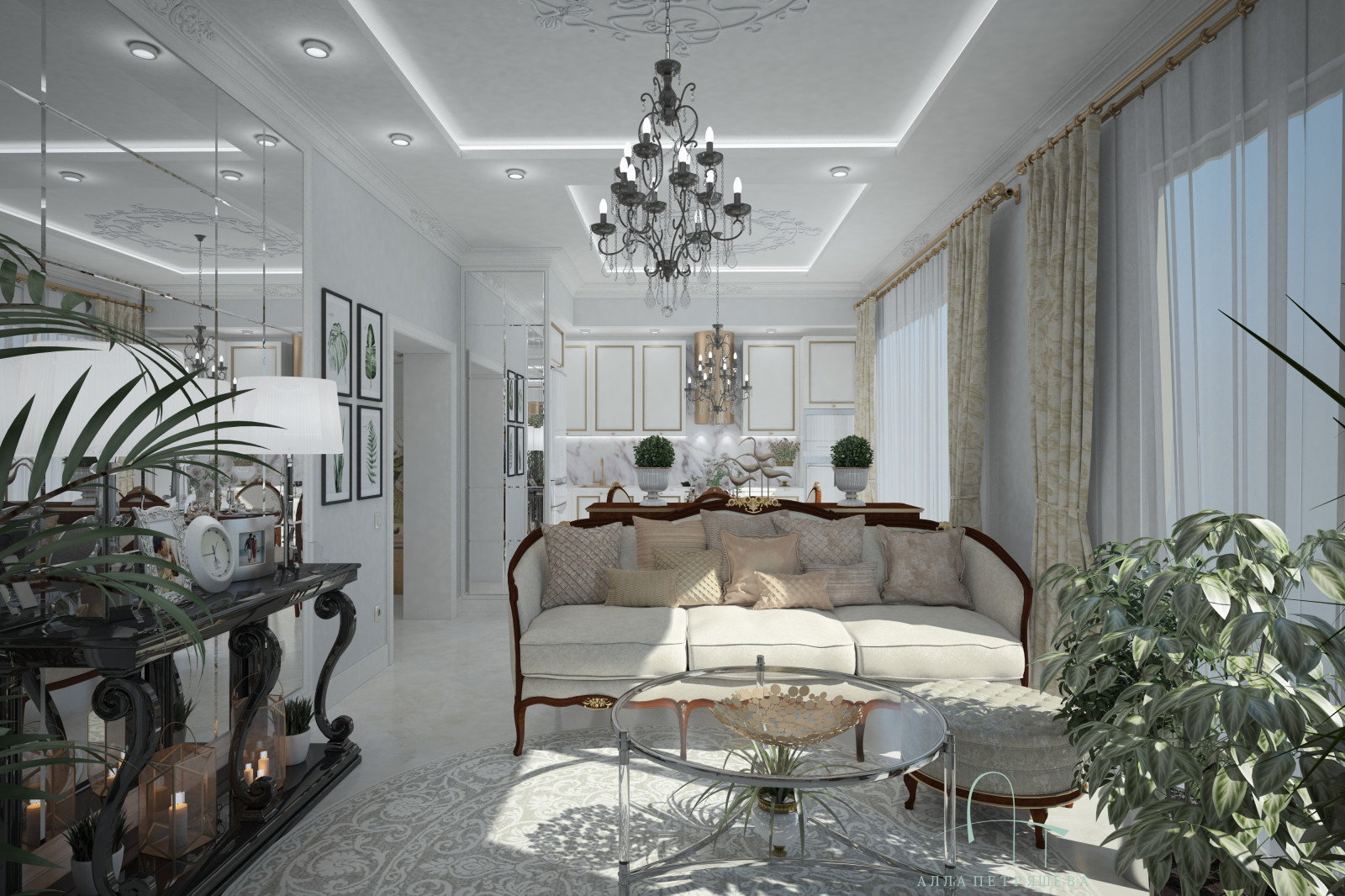 Проект Гостиной-столовой-кухни с французским оттенком.