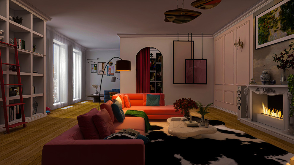 Главный вид в полумраке с включенным светом и камином