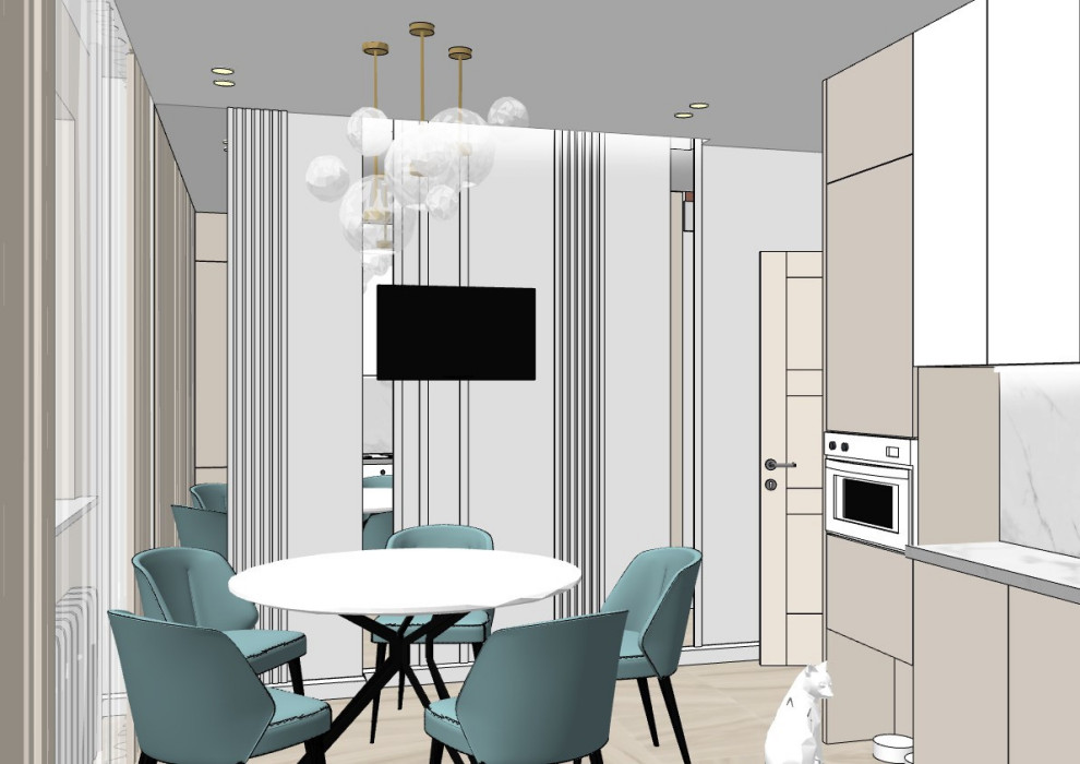 Эскизный проект кухни 11,5 м.кв. для семьи из 5 человек и кошки.