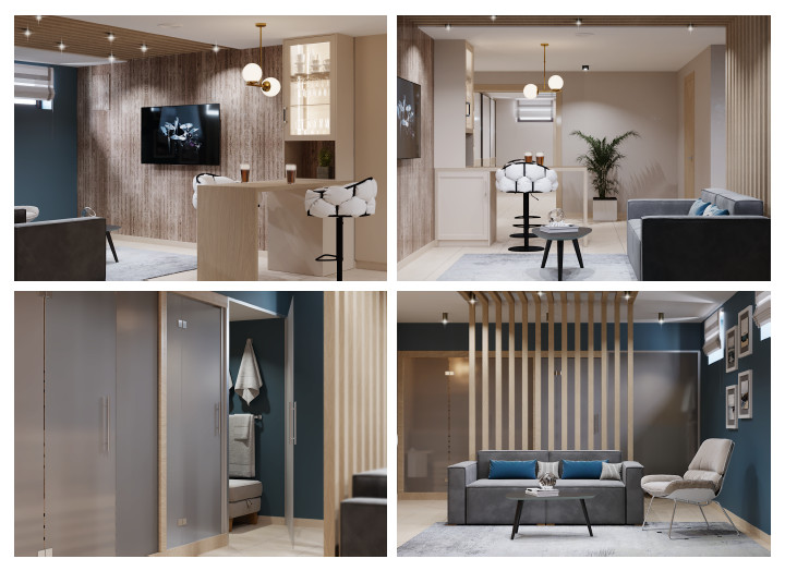 Дизайн проект загородного дома - 1 этаж - зона сауны и комнаты отдыха с баром