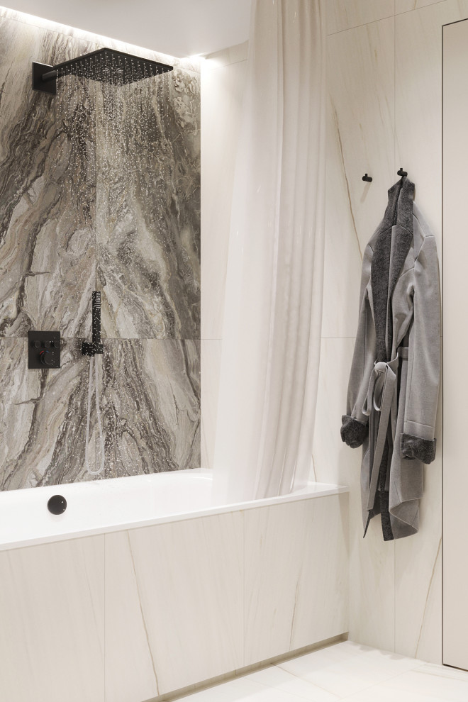 Белые интерьеры спальни и ванной комнаты