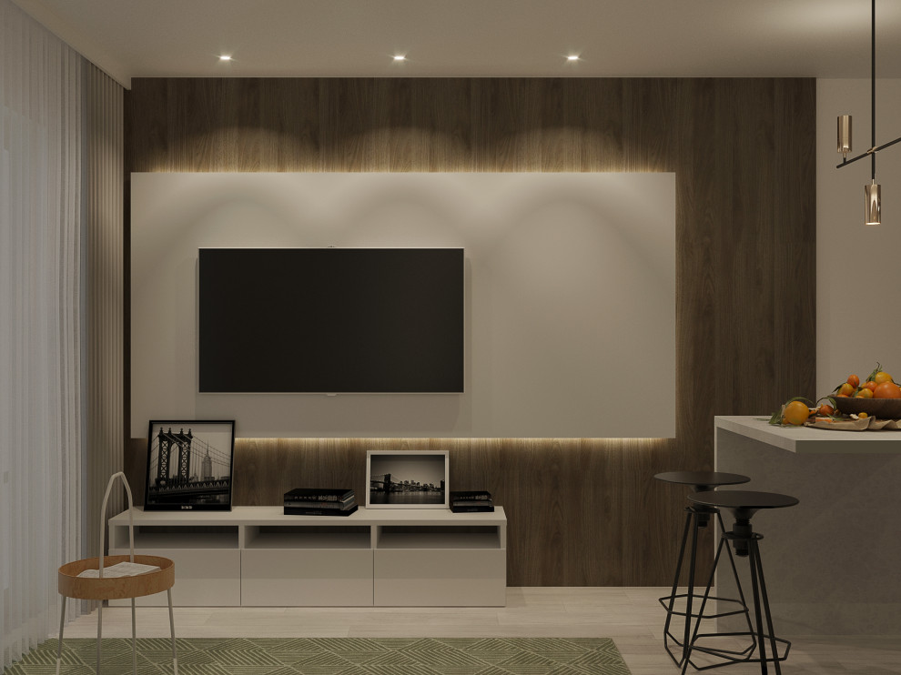 Дизайн интерьера маленькой кухни с барной стойкой, диваном и ТV зоной.