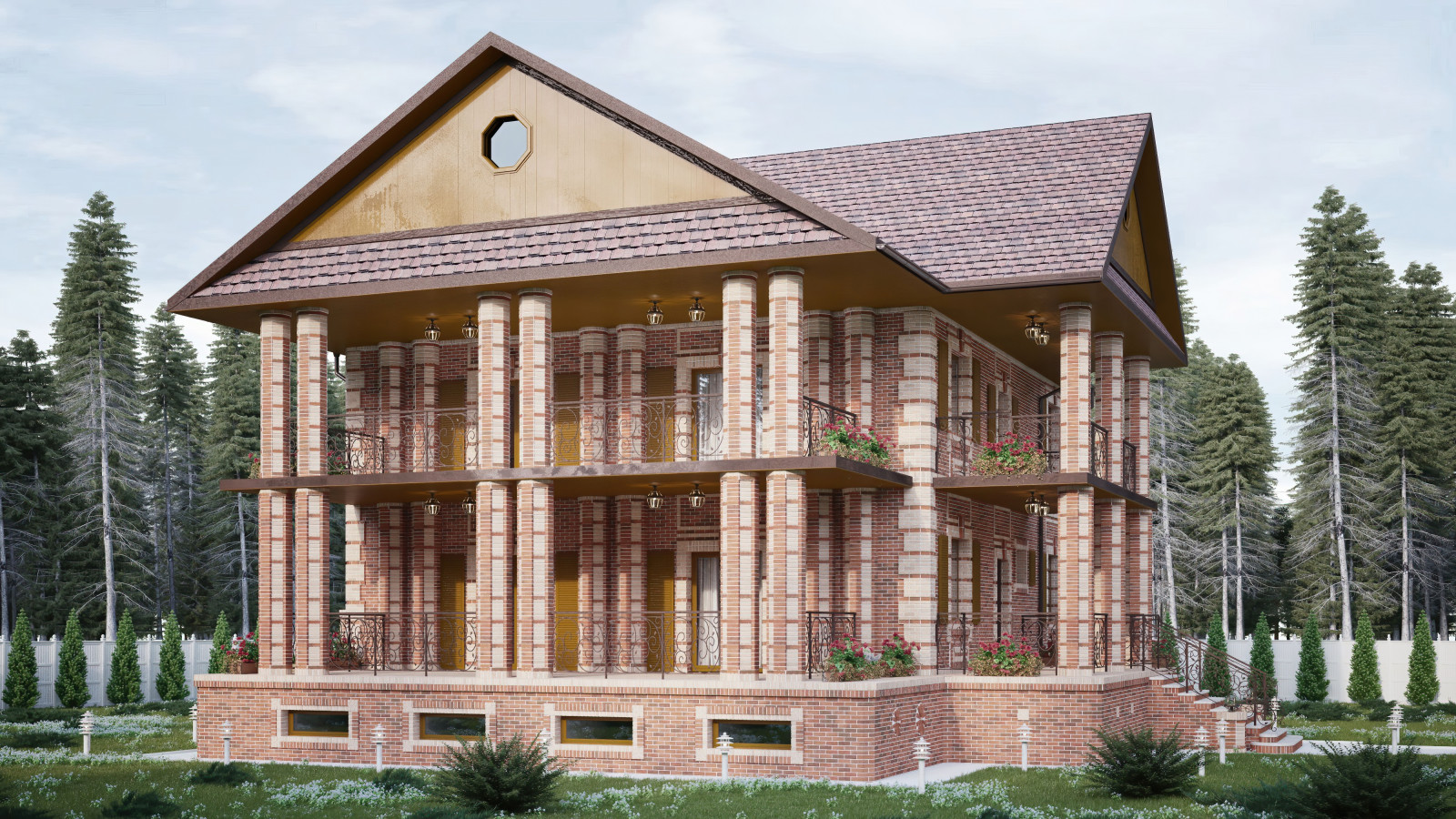 Дизайн фасада из кирпича для коттеджа на острове Русский