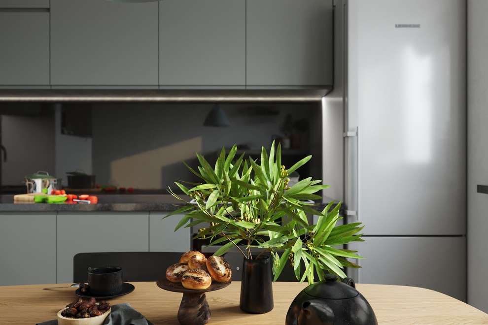 Кухонный гарнитур включает в себя всю необходимую технику и хранение и удобную р