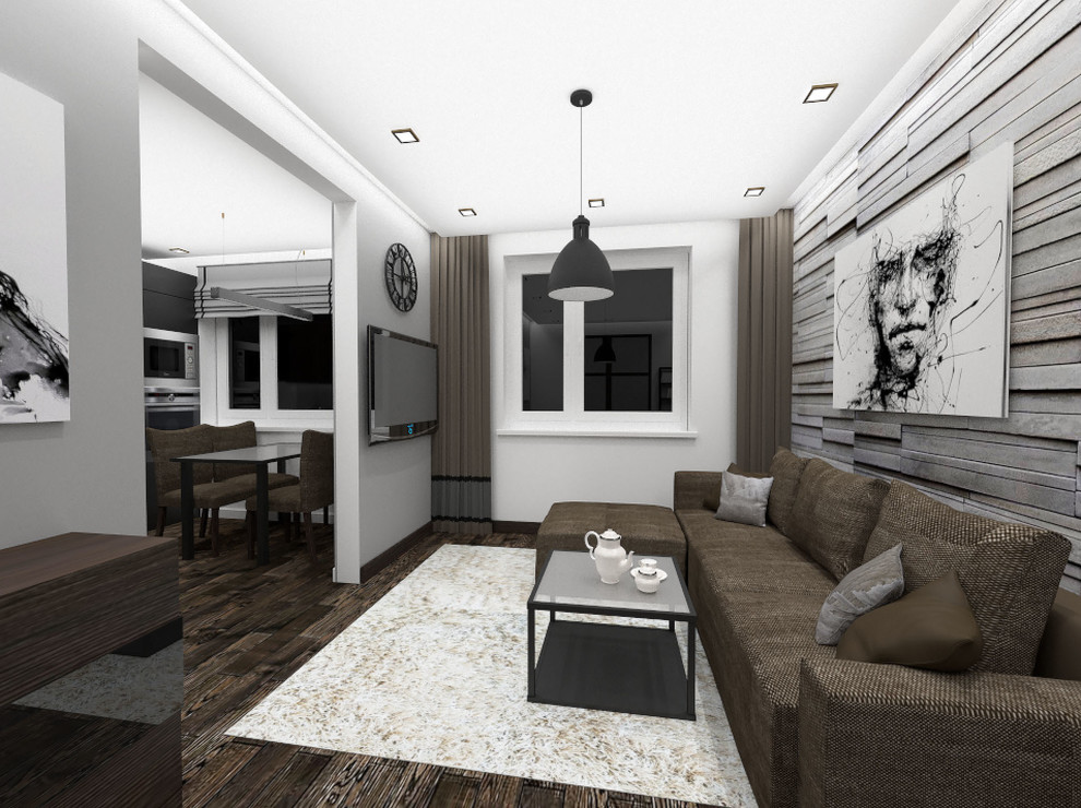 Черно-серая квартира с черно-коричневой кухней