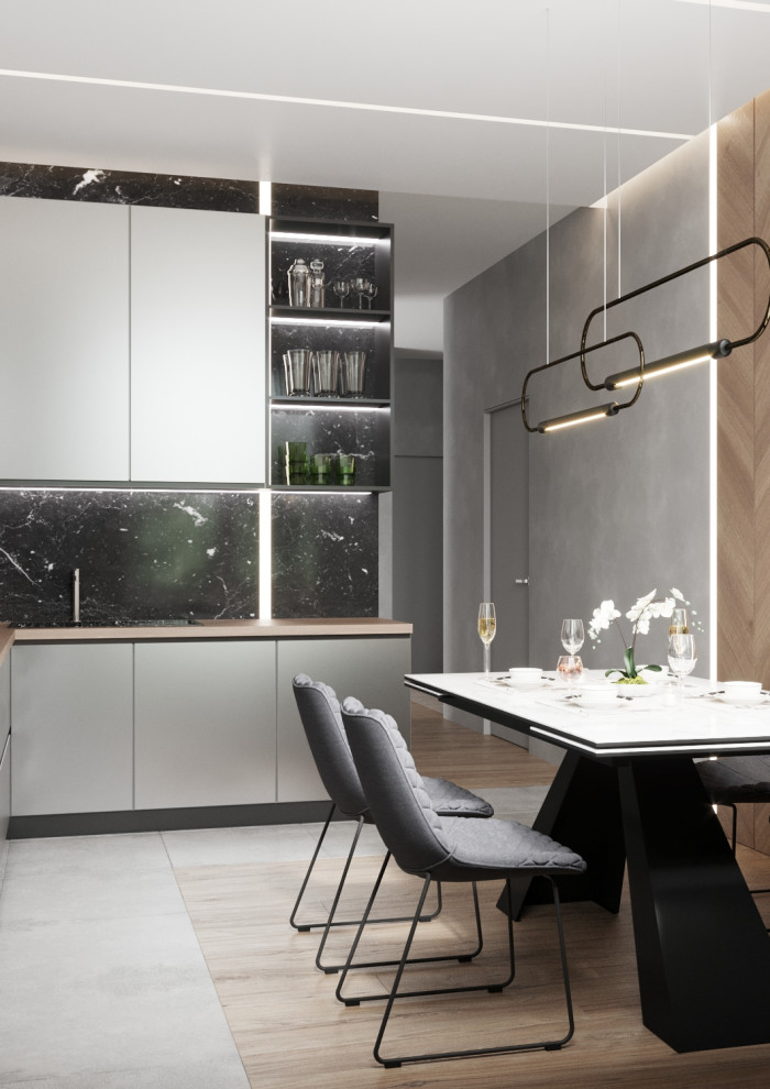 Кухня с герметичными панелями и натуральным мрамором