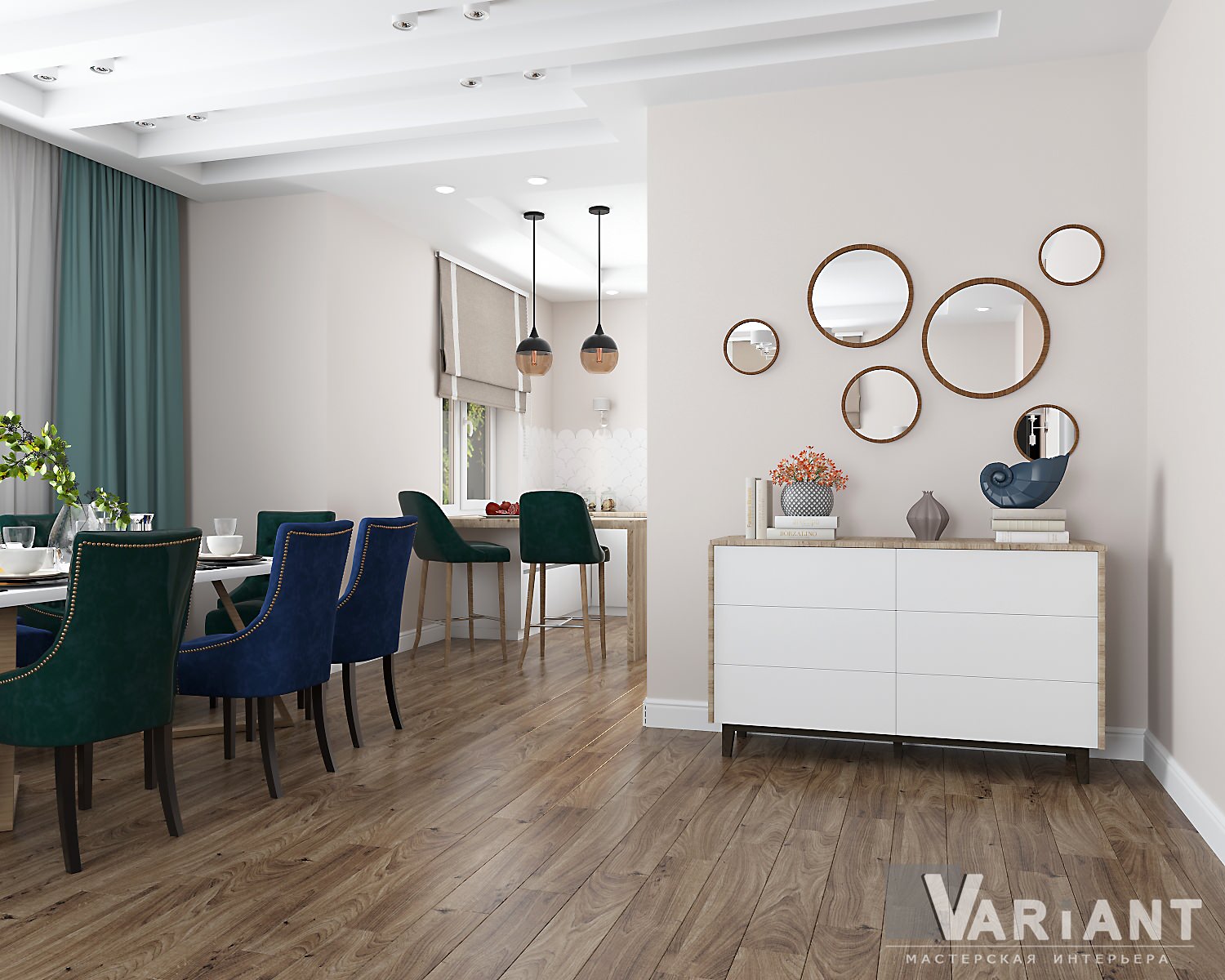 кухня-гостиная с синими диванами