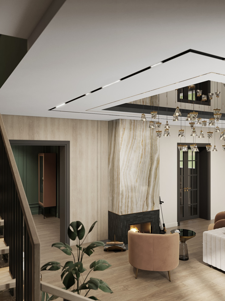 Просторная гостиная с акцентным потолком