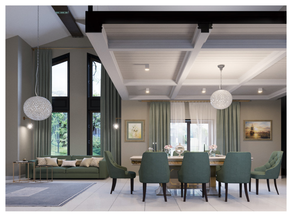 Дизайн интерьера кухни-гостиной со вторым светом в доме.