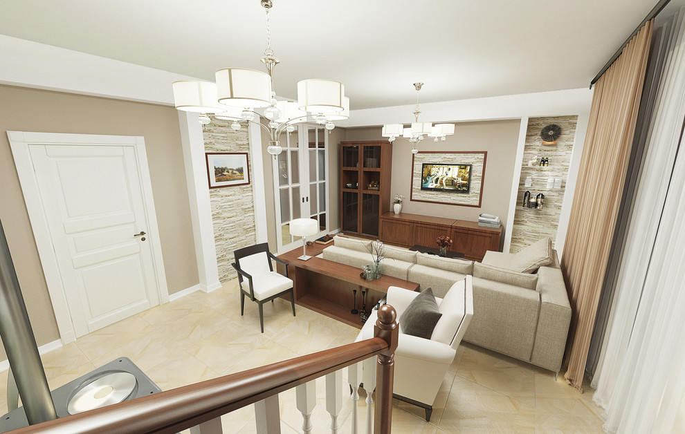 Обложка проекта: Гостиная с лестницей и камином