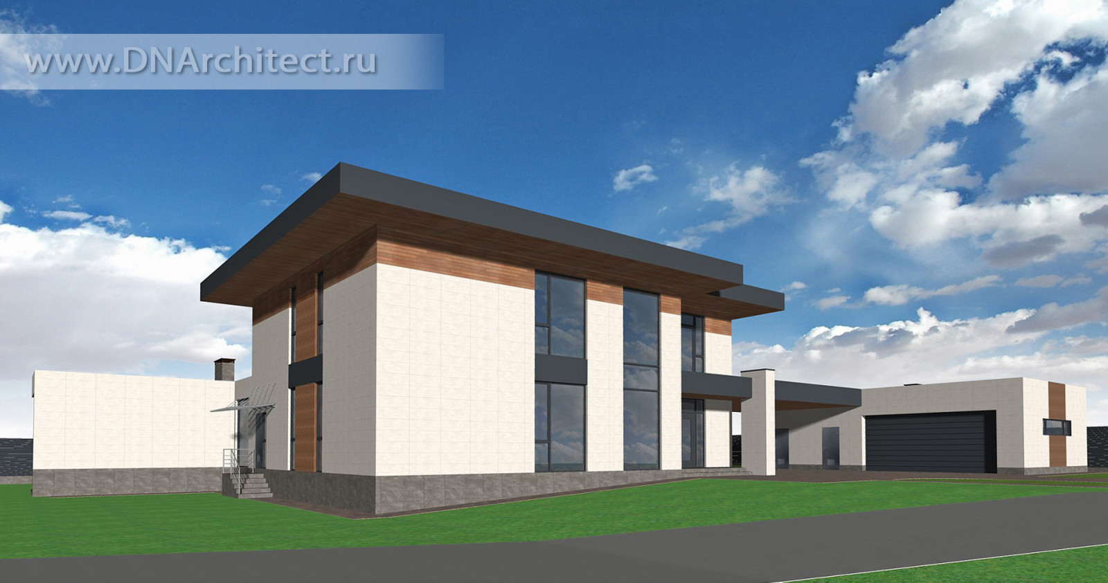 Проект современного дома с баней и гаражом в Подмосковье 2022