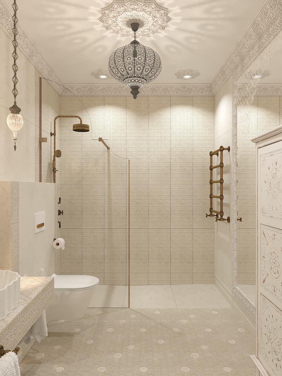 Интерьер санузла в цокольном этаже загородного дома в Восточном стиле.