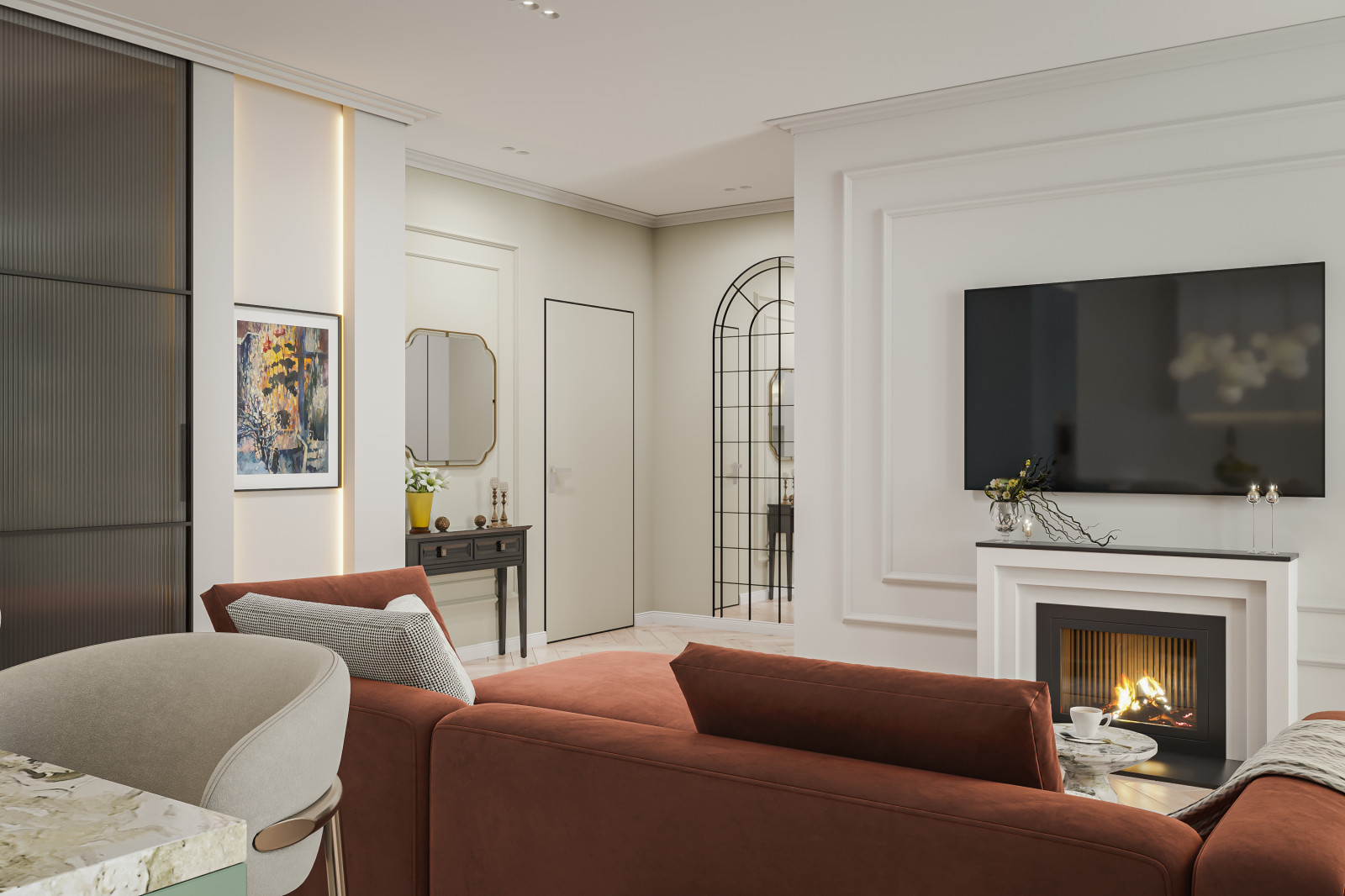 Интерьер 3 комнатной квартиры ЖК Arthouse  Гостиная Кухня Столовая