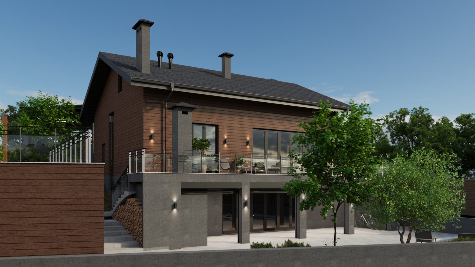 2-х этажный дом на уклоне с мансардным этажом