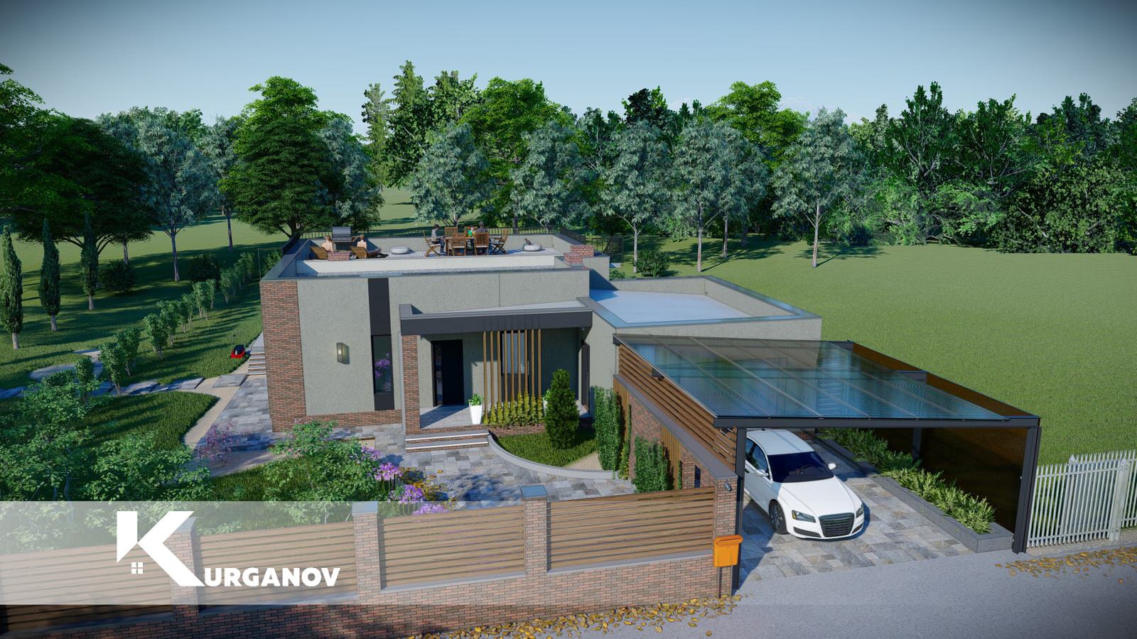 Проект жилого одноэтажного дома c плоской эксплуатируемой кровлей  гаражом и тер