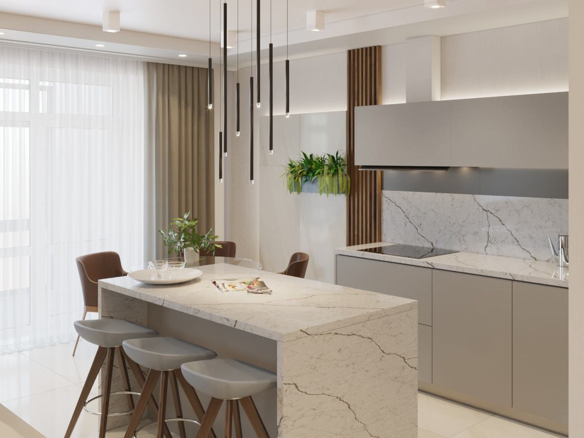 Кухня с островом из кварцевого камня