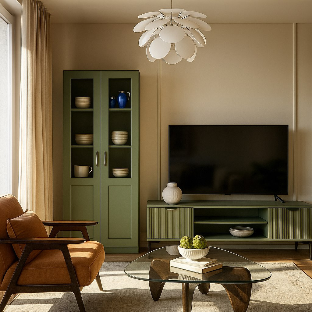 Кухня гостиная в миксе стилей mid century и скандинавского