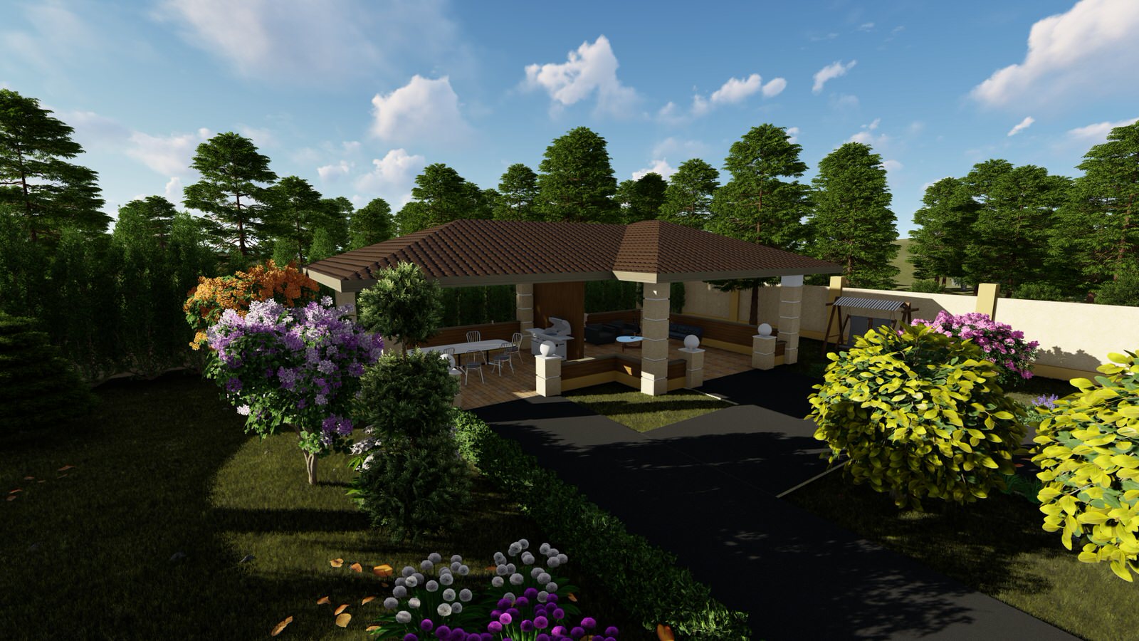 Одноэтажный дом с беседкой