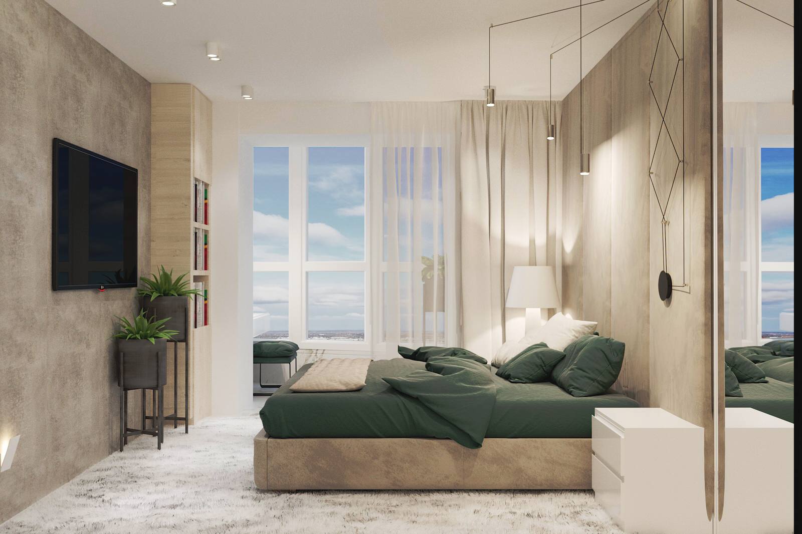 Светлые,минималистичные с сочными зелеными акцентами интерьеры