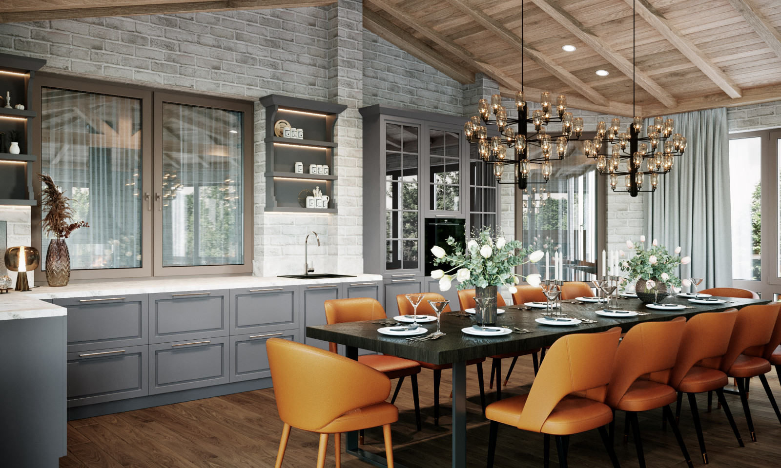 Терраса с островным камином