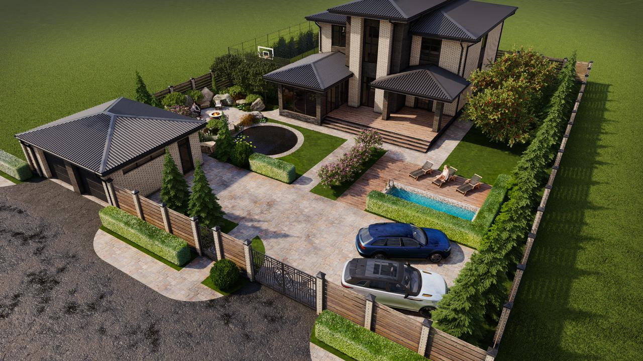 Проект по благоустройству дома с бассейном и водоемом