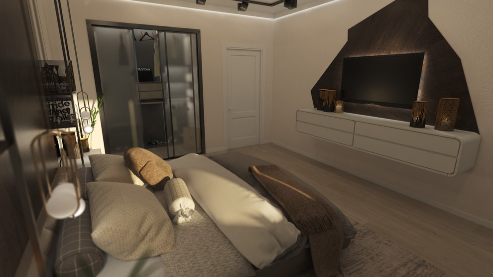 Спальня с гардеробной для молодой пары.