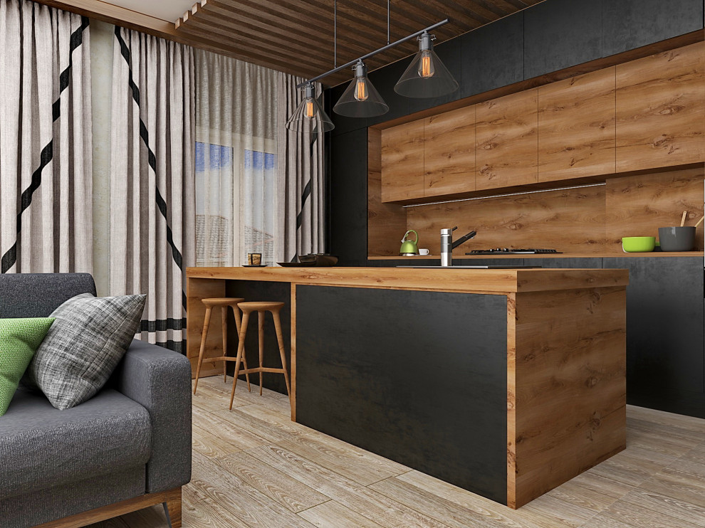 Кухня-гостиная в стиле лофт.