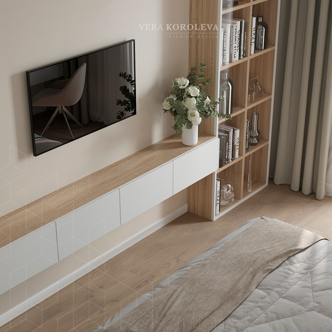 Зона ТВ с подвесной тумбой и заказным стеллажом для книг