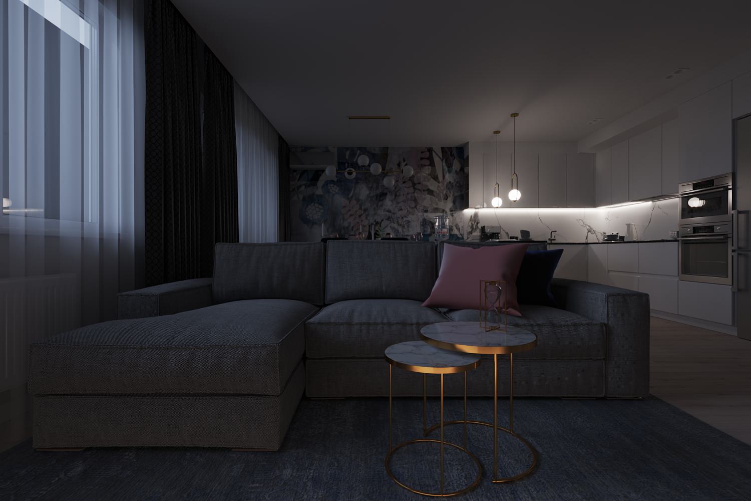 Кухня-гостиная с акцентной фреской