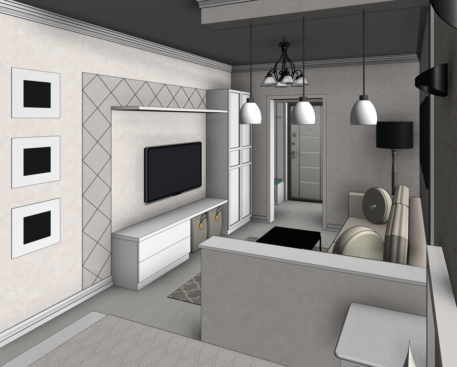 Эскизная визуализация проекта квартиры для молодой пары