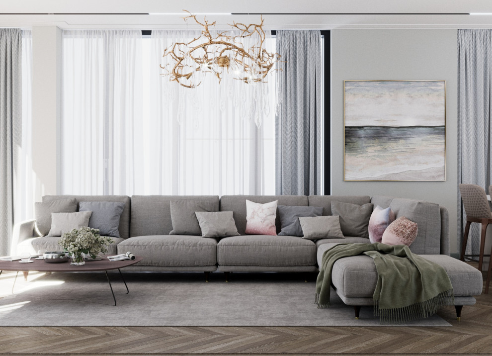 Проект интерьера общей зоны современного коттеджа