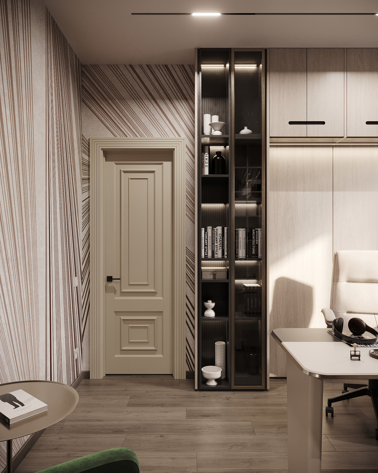 Дизайн и 3д-визуализация кабинета в загородном доме. Вариант 1.