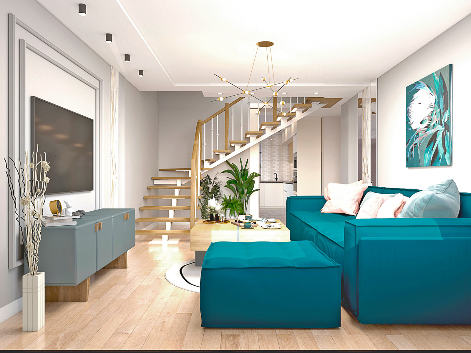 Кухня - гостиная с воздушной лестницей