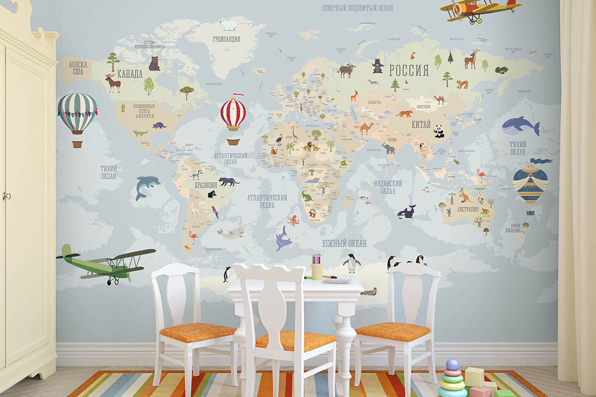 Фотообои Карта мира Экзюпери голубая