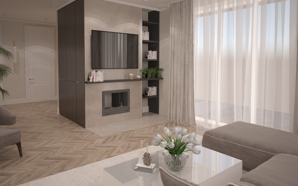 Интерьер гостиной, совмещенной с кухней в загородном доме