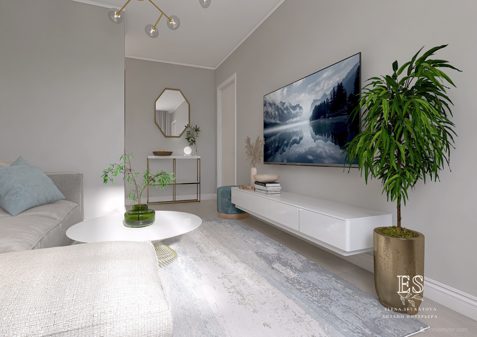 Квартира в бежевых оттенках с голубыми акцентами