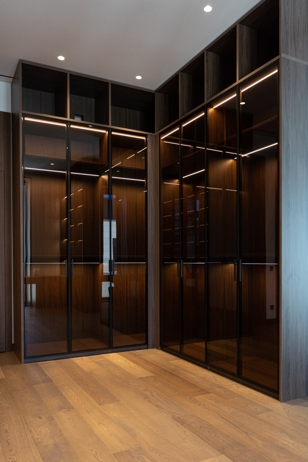 Гардеробная комната с распашными стеклянными RPE фасадами