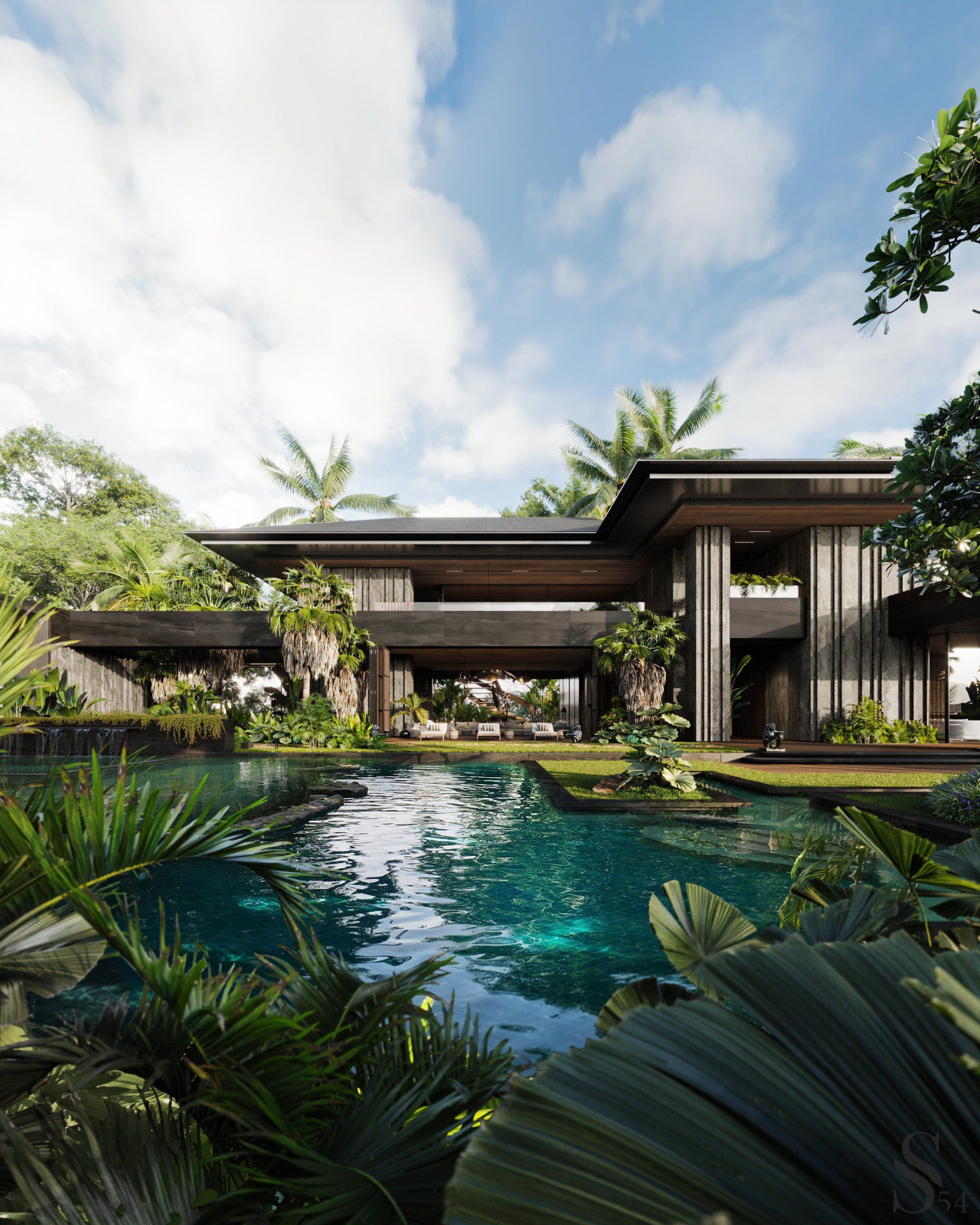 Серия открытых бассейнов и зон для медитации перед дом