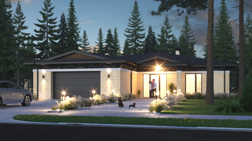 Проект 1-этажного 5-комнатного жилого дома в стиле Райта