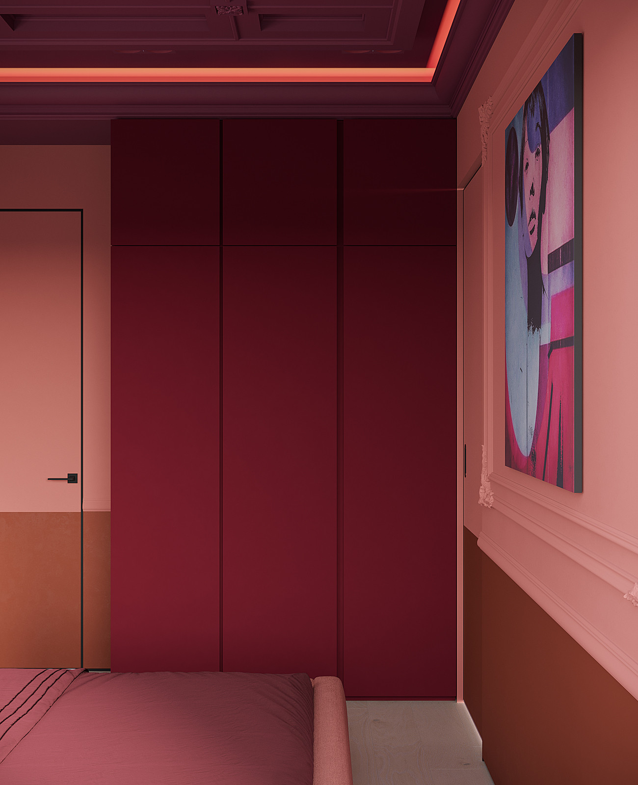 Warm Modern Bedroom with Neon Accents