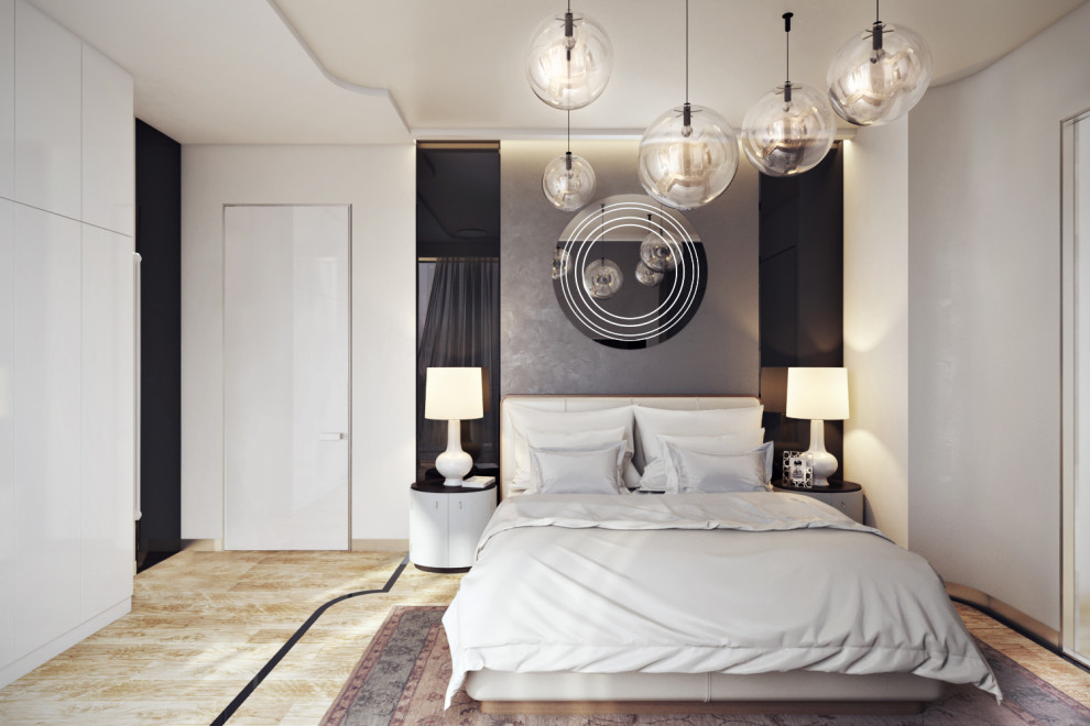 Дизайн спальни с мастер-санузлом в коттедже в современном авторском стиле