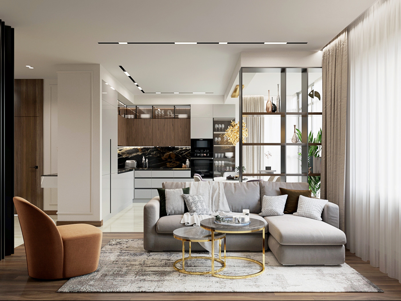 Современная городская квартира с панорамным остеклением в стиле ар-деко