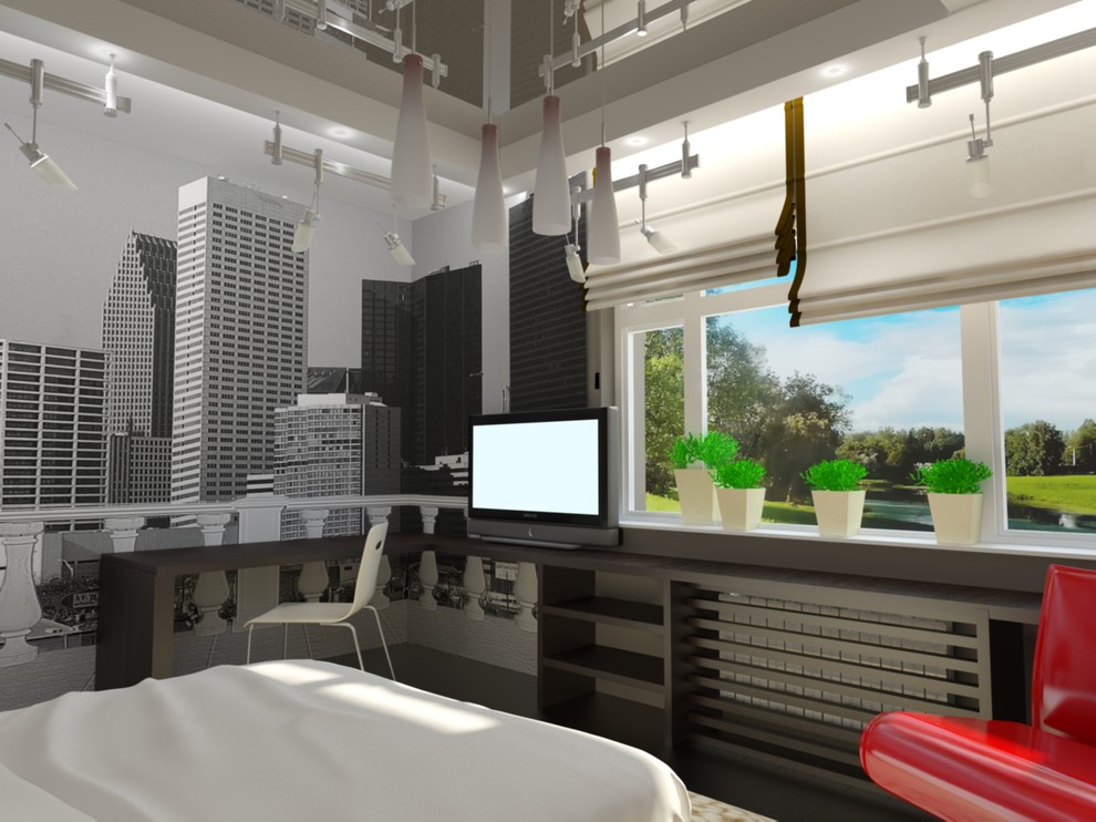 Интерьер загородного дома с красными акцентами