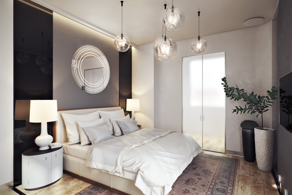 Дизайн спальни с мастер-санузлом в коттедже в современном авторском стиле