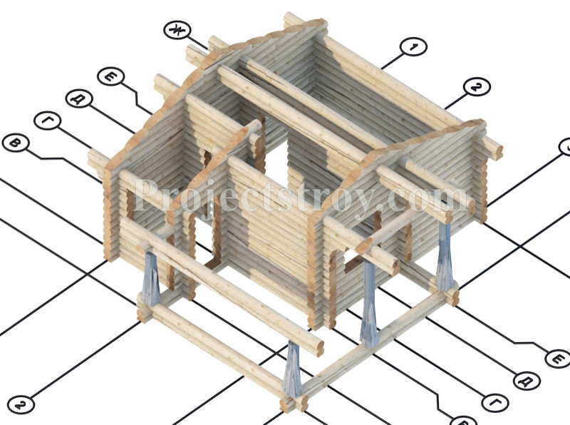 Проект бани из бревна ручной рубки 6.5 х 7.5 м